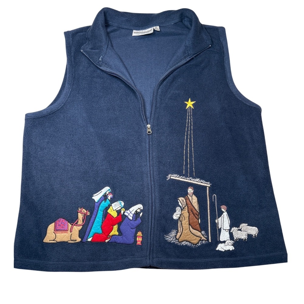 Rebecca Malone Womens XL Navy Fleece Vest Embroidered Nativity Christmas Zip